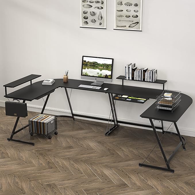 SHW Vista L-Shape Desk with Monitor Stand, Black - LeafyLoom