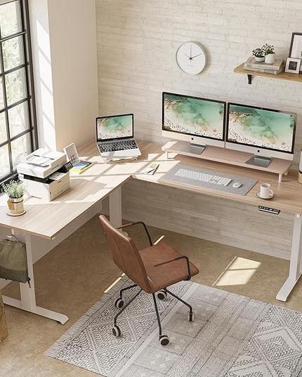 FEZIBO 75 Inches Triple Motor L Shaped Standing Desk Reversible, Electric Height Adjustable Corner Stand up Desk, Sit Stand Desk Computer Workstation, White Frame/Light Walnut Top - LeafyLoom