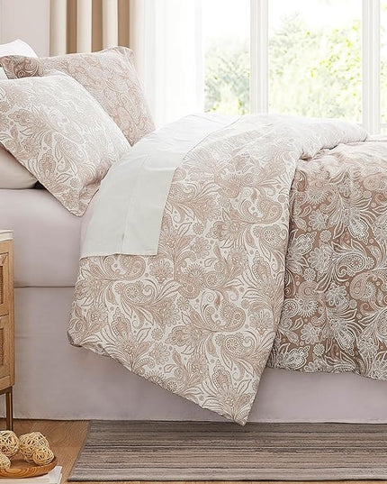 Southshore Fine Living, Inc. Oversized Full/Queen Comforter Set, Down Alternative Paisley Bedspread, Reversible Print is 2 Colors in 1, Queen/Full Comforter & Matching Shams, Taupe/White - LeafyLoom