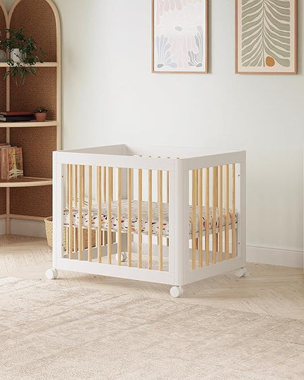 Babyletto Yuzu Convertible All-Stages Bassinet, Midi, Full-Size Crib in White with Natural, Greenguard Gold Certified, Portable & Adjustable with Conversion Kits and Pads Included - LeafyLoom