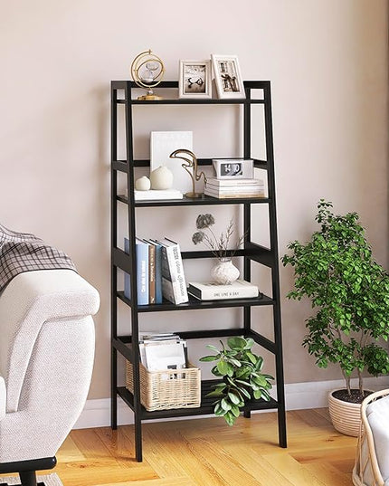 Black Bookshelf, 4-Tier Ladder Shelf, Freestanding Leaning Bookcase with Bamboo Shelves, Space Saving Flower Plant Stand for Small Space - LeafyLoom