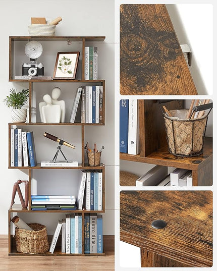 VASAGLE Bookcase, 5-Tier Bookshelf, Display Shelf and Room Divider, Freestanding Decorative Storage Shelving, Rustic Brown ULBC62BX, 27.6”L x 9.4”W x 62.6”H (70 x 24 x 159 cm) - LeafyLoom