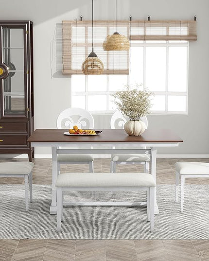 Dining Table Set for 6, Mid-Century 6-Piece Dining Room Table Set with Victorian Round Upholstered Dining Chairs and Long Bench, Kitchen Table Set for Living Room, Cherry+Antique White - LeafyLoom