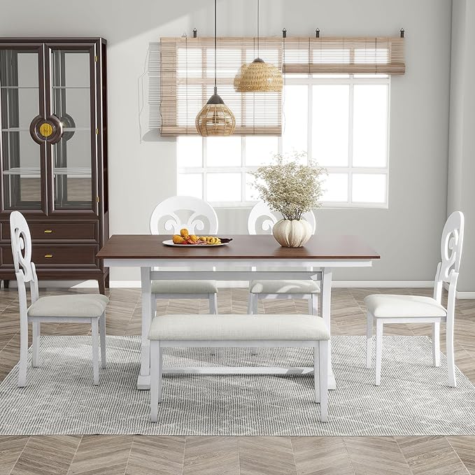 Dining Table Set for 6, Mid-Century 6-Piece Dining Room Table Set with Victorian Round Upholstered Dining Chairs and Long Bench, Kitchen Table Set for Living Room, Cherry+Antique White - LeafyLoom
