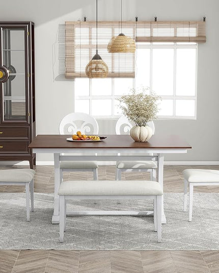 6-Piece Mid-Century Dining Set for 6, Trestle Table and 4 Elegant Victorian Round Back Chairs & Bench, for Kitchen Living Room, Cherry+Antique White, 59.8" L x 35.8" W x 30" H - LeafyLoom