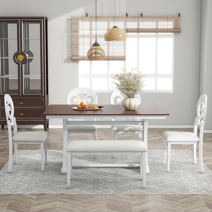6-Piece Mid-Century Dining Set for 6, Trestle Table and 4 Elegant Victorian Round Back Chairs & Bench, for Kitchen Living Room, Cherry+Antique White, 59.8" L x 35.8" W x 30" H - LeafyLoom