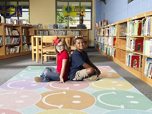 Flagship Carpets Schoolgirl Style Pastel Rainbow Smileys Educational Area Rug for Kids Room Seating Décor, Children's Classroom, Play Carpet for Teaching and Playroom, 7'6" x 12', Multi - LeafyLoom