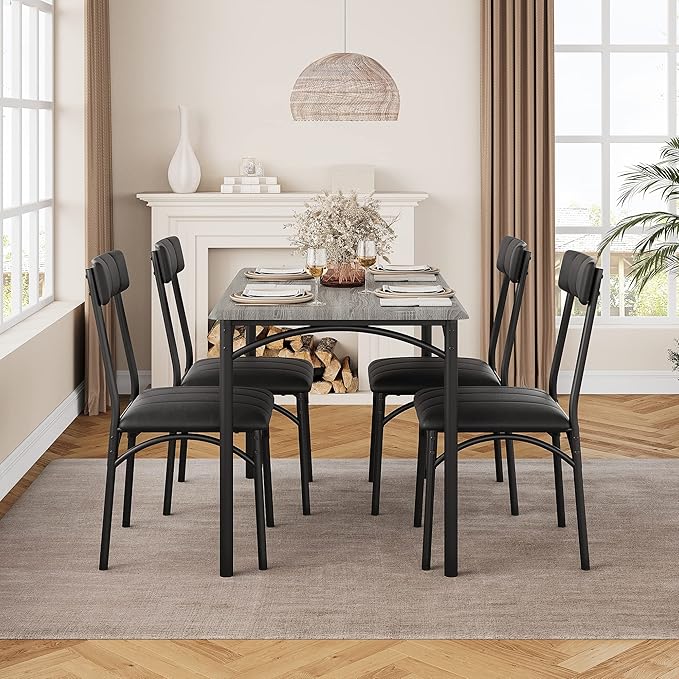 Dining Table Set for 4, Kitchen Table and Chairs, Rectangular Dining Room Table Set with 4 Upholstered Chairs, 5 Piece Kitchen Table Set for Small Space, Apartment, Retro Gray - LeafyLoom