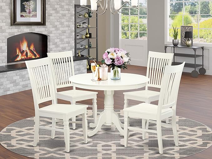 East West Furniture Hartland 5 Piece Set Includes a Round Dining Table with Pedestal and 4 Kitchen Chairs, 42x42 Inch, Linen White - LeafyLoom