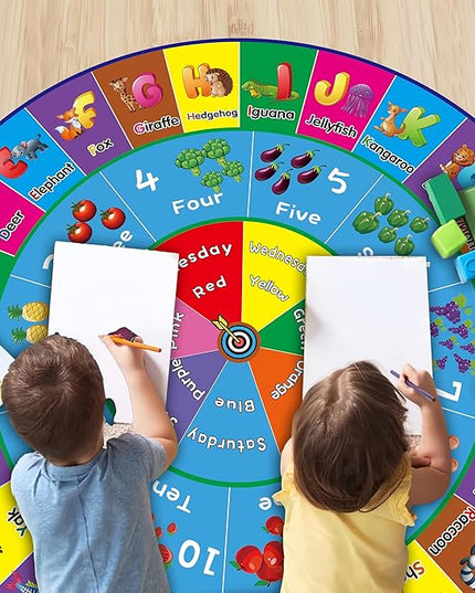 ABC Rug, ABC Play Mat for Kids Playroom, Round Alphabet Floor Mat,Classroom Elementary Preschool Rugs wtih ABC, Numbers, Animals - 78.7inch - LeafyLoom