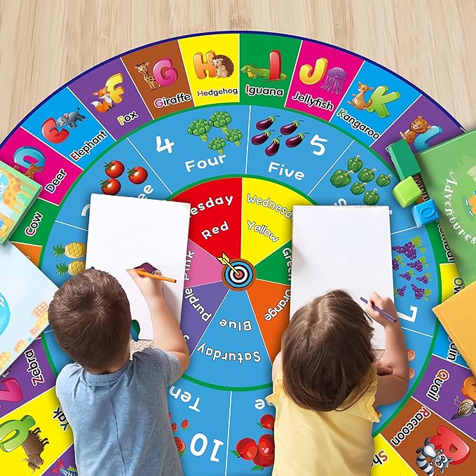 ABC Rug, ABC Play Mat for Kids Playroom, Round Alphabet Floor Mat,Classroom Elementary Preschool Rugs wtih ABC, Numbers, Animals - 63inch - LeafyLoom