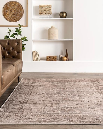 nuLOOM Amie Persian Border Machine Washable Ultra Thin Area Rug, 4' x 6', Light Brown - LeafyLoom