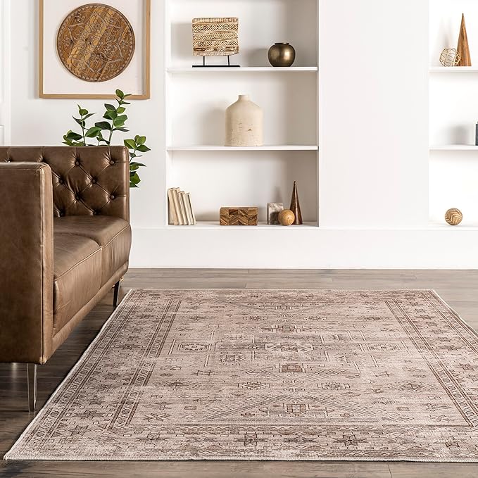 nuLOOM Amie Persian Border Machine Washable Ultra Thin Area Rug, 4' x 6', Light Brown - LeafyLoom
