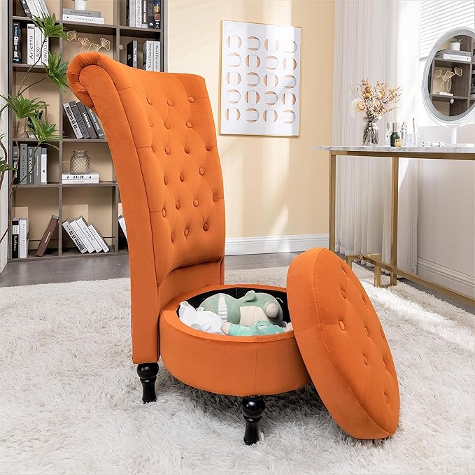 Red Orange Velvet Accent Chair for Vanity with Storage and Luxurious Upholstery, Retro Design and Versatile Usage for Livingroom, Bedroom, Lounge and Office - LeafyLoom