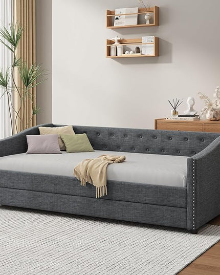 Twin Size Upholstered Daybed with Twin-Size Trundle,Elegant Wood Bed Frame w/Button Tufted Back and Waved Shape Arms & Nailhead,Slat Support,Sofa Bed for Apartment,Bedroom,Dark Grey - LeafyLoom