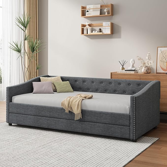 Twin Size Upholstered Daybed with Twin-Size Trundle,Elegant Wood Bed Frame w/Button Tufted Back and Waved Shape Arms & Nailhead,Slat Support,Sofa Bed for Apartment,Bedroom,Dark Grey - LeafyLoom