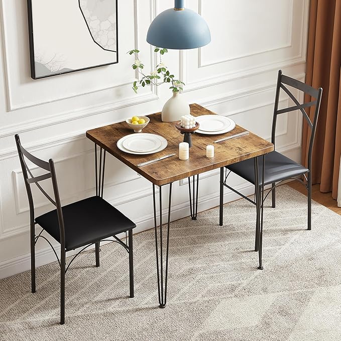 VECELO Kitchen Dining Room Table 2 Chairs for Small Space, Apartment,Metal Steel Frame, 3-Piece Set, Brown - LeafyLoom