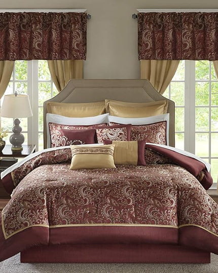 Madison Park Essentials Brystol 24 Piece Room in a Bag Faux Silk Comforter Jacquard Paisley Design Matching Curtains Down Alternative Hypoallergenic All Season Bedding-Set, King (104 in x 92 in), Red - LeafyLoom