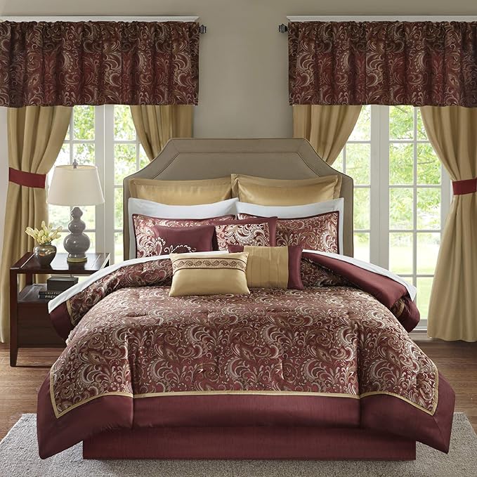 Madison Park Essentials Brystol 24 Piece Room in a Bag Faux Silk Comforter Jacquard Paisley Design Matching Curtains Down Alternative Hypoallergenic All Season Bedding-Set, King (104 in x 92 in), Red - LeafyLoom