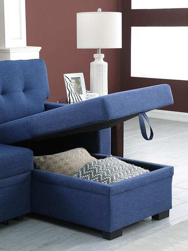 92" L-Shape Sectional Sofa with Storage Chaise Pull-out bed, Linen Tufted Upholstery Corner Couch W/Side Open Cup Holder for Living Room, Apartment,Office,Home Furniture Sets,Blue - LeafyLoom