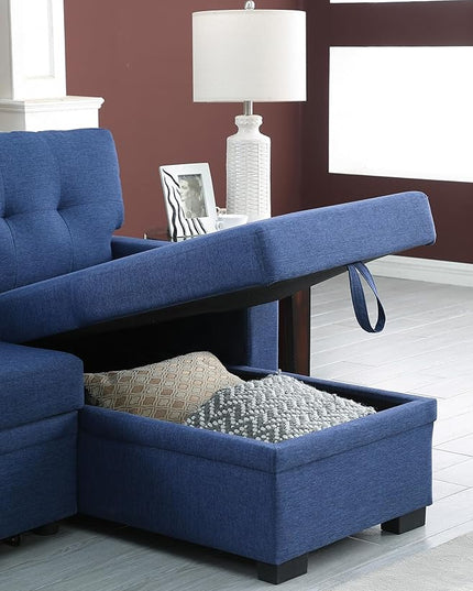 RITSU L Shape Sectional Sofa Pull Out Sleeper Bed with Storage, Reversible Couch w/Side Shelf and USB Charging Port, Linen Upholstered Tufted Cushion, for Living Room,Bedroom, Blue, 92 inch - LeafyLoom