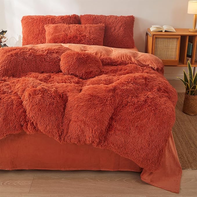 Fluffy Orange Comforter Cover Set Queen - Ultra Soft Plush Burnt Orange Bedding Sets 3 Pieces (1 Faux Fur Duvet Cover + 2 Faux Fur Pillow case) Boho Orange Queen Bed Sets (Dark Orange, Queen) - LeafyLoom