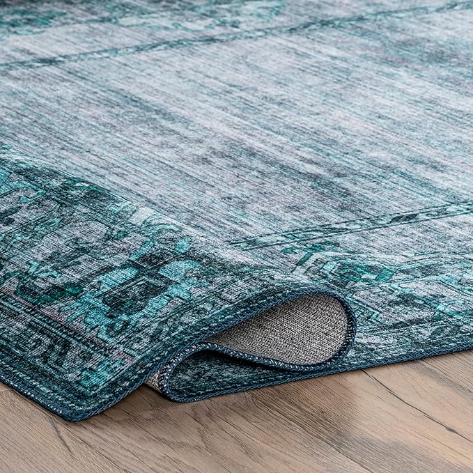 nuLOOM Eveline Distressed Persian Machine Washable Ultra Thin Area Rug, 4' x 6', Blue - LeafyLoom