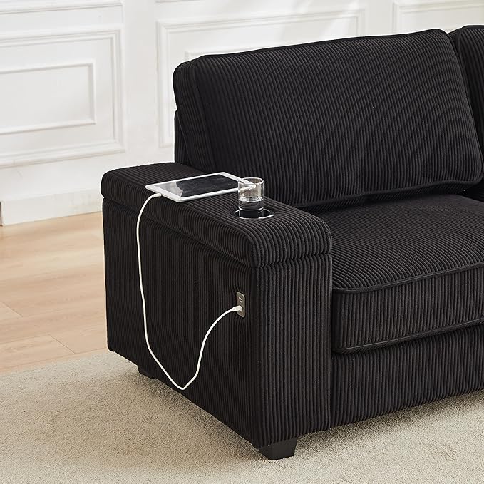 Modern Living Room Upholstered 3 Seater Sofa Couch Deep Seat Soft Corduroy Sofa&Couch with Storage Armrests, 2 Cupholders, Type-C and USB Charging Ports for Home, Apartment, Office - LeafyLoom