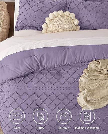 Bedsure Queen Comforter Set - Grayish Purple Comforter, Boho Tufted Shabby Chic Bedding Comforter Set, 3 Pieces Farmhouse Bed Set for All Seasons, Fluffy Soft Bedding Set with 2 Pillow Shams - LeafyLoom