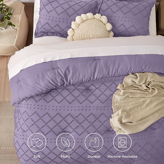 Bedsure Queen Comforter Set - Grayish Purple Comforter, Boho Tufted Shabby Chic Bedding Comforter Set, 3 Pieces Farmhouse Bed Set for All Seasons, Fluffy Soft Bedding Set with 2 Pillow Shams - LeafyLoom