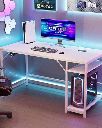 JOISCOPE 55 Inches Computer Office Desk with Table Power Outlets, Home Office White Desk with Storage Shelves and USB & Type-C Outlet for Bedroom, Home Office, Morden Simple Writing Table, White - LeafyLoom