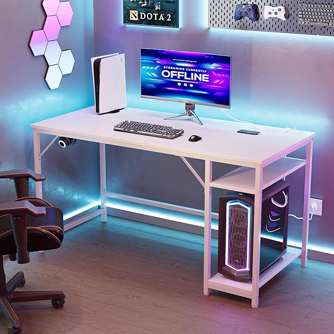 Computer Desk, 48 inches desk with 2 Shelves, Home Office Desk with USB/Type-C Charging Ports & Power Outlets, Study Table for Adults, White - LeafyLoom