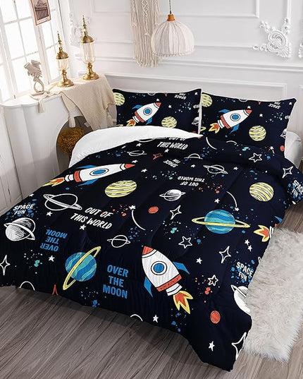 Datura home Space Ship Galaxy Comforter Set Astronaut Rocket Printed Quilt Bedding with 1 and 2 Pillowcases for Boys Girls Bedroom All Season(Space Full), A-space, Full 80x90inches - LeafyLoom