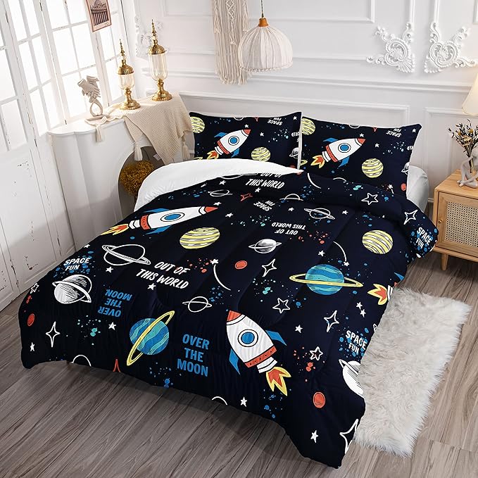 Datura home Space Ship Galaxy Comforter Set Astronaut Space Rocket Printed Quilt Bedding Set with 1 Comforter and 2 Pillowcases for Boys and Girls Bedroom All Season(Space Twin) - LeafyLoom