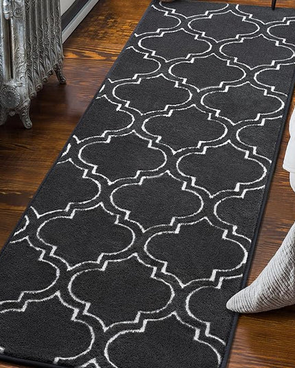 Chicrug Shag Geometric Modern Runner Rug for Bedroom, 2x6 Feet Memory Foam Indoor Hallway Runner Carpet, Fluffy Rug for Living Room Bedside Room Decor for Family, Dark Grey/White - LeafyLoom