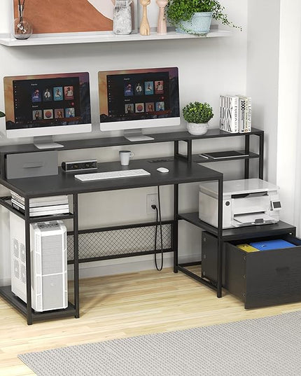 Home Office Desks with Drawers, 66‘’ Computer Desk with Storage, Office Desk with Monitor Stand, Work Desk with Outlets and USB, Gaming Table Desk with File Cabinet for Home Office Table, Black - LeafyLoom