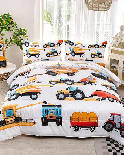 CVHOUSE Tractor Bedding Sets for Boys,Excavators Comforter Full,Boys Cartoon Truck Comforter Set,Trucks Tractors Cars Quilt Set with 1 Comforter and 2 Pillow Cases- 3 Piece - LeafyLoom