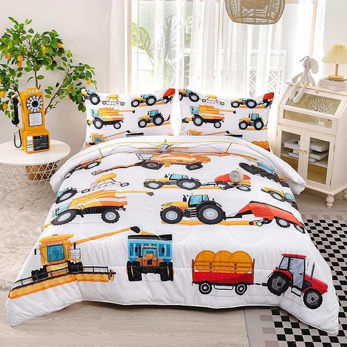 CVHOUSE Tractor Bedding Sets for Boys,Excavators Comforter Twin,Boys Cartoon Truck Comforter Set,Trucks Tractors Cars Quilt Set with 1 Comforter and 2 Pillow Cases- 3 Piece - LeafyLoom