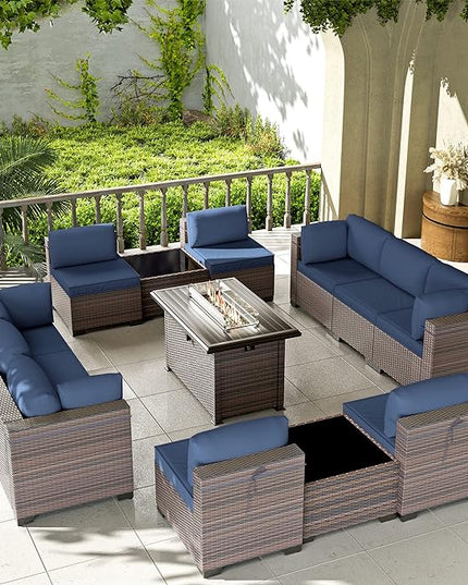 Kullavik 13 Pieces Outdoor Patio Furniture Set with 43" 55000BTU Gas Propane Fire Pit Table PE Wicker Rattan Sectional Sofa Patio Conversation Sets,Navy Blue - LeafyLoom