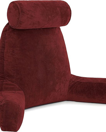 Husband Pillow XXL Maroon Backrest with Arms - Adult Reading Pillow with Shredded Memory Foam, Ultra-Comfy Removable Microplush Cover & Detachable Neck Roll, Unmatched Support Bed Rest Sit Up Pillow - LeafyLoom