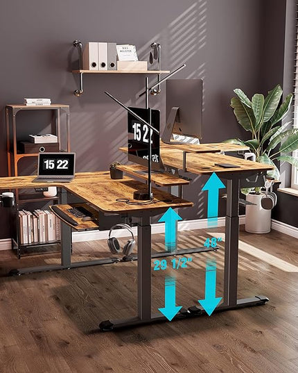 EUREKA ERGONOMIC Standing Desk with Keyboard Tray, Computer Desk, 61" L Shaped Electric Adjustable Height Desk w Monitor Stand LED, Corner Sit Stand Desk Gaming Desk, Dual Motor,Right/Rustic Brown - LeafyLoom