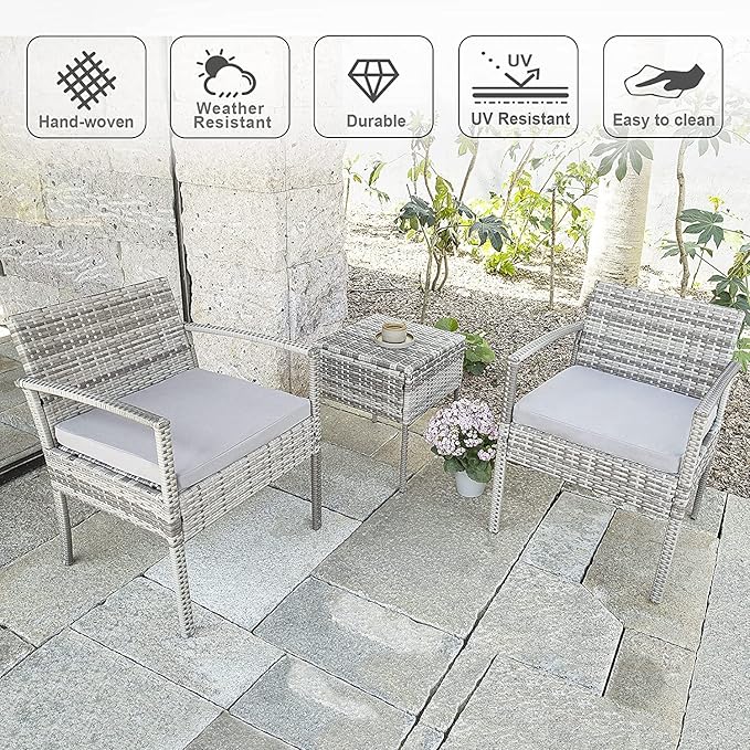 3 Pieces Patio Furniture Set, Balcony Furniture, Patio Bistro Set All-Weather Wicker Chairs Conversation Set with Cushions Table for Outdoor Backyard Porch Lawn (Grey-Grey) - LeafyLoom