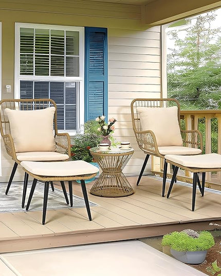 Pamapic 5 Piece Outdoor Patio Bistro Set, Conversation Sets with Ottoman, Rattan Wicker Outdoor Balcony Furniture Chairs for Poorside Garden Balcony, Cream - LeafyLoom