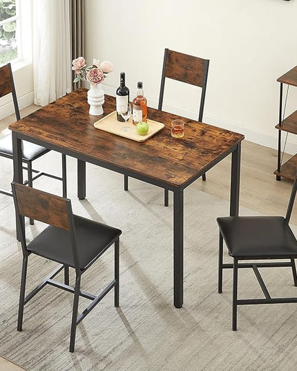 4 Chairs Dining Table Set for 4-8, Modern Space Saving Kitchen Desk, Wooden Industrial Style Farmhouse, 47", Leather Black Brown - LeafyLoom