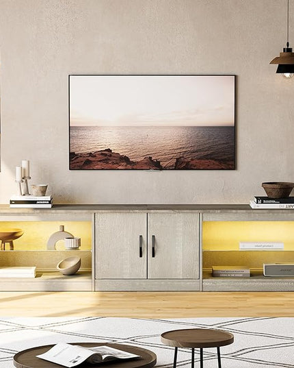 Bestier 80 Inch TV Stand for Large TVs 55/65/75/85/ inch, LED Entertainment Center with Two Cabinets, Adjustable Glass Shelves ＆ Cable Management, Gaming Tv Console for Living Room, Wash White - LeafyLoom