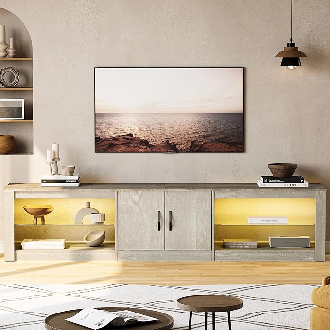 Bestier 80 Inch TV Stand for Large TVs 55/65/75/85/ inch, LED Entertainment Center with Two Cabinets, Adjustable Glass Shelves ＆ Cable Management, Gaming Tv Console for Living Room, Wash White - LeafyLoom