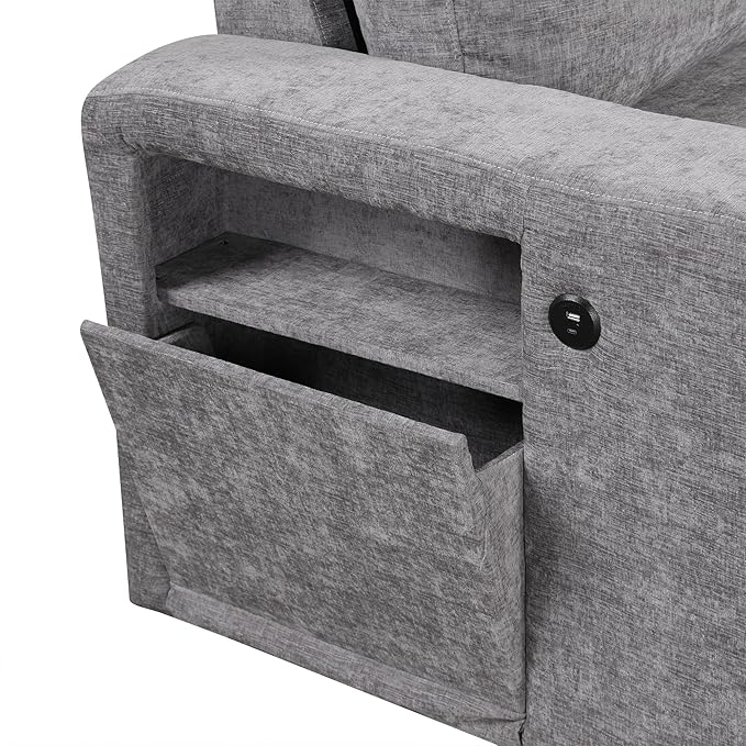 90.6'' L-shaped Modular Sectional Sofa with Storage Space, Ottoman and Pull-Out Bed, 6 Seat Upholstered Couch w/USB Ports & Cup Holders, for Living Rooms, Offices, Apartments, Gray, 90.6 Inch - LeafyLoom