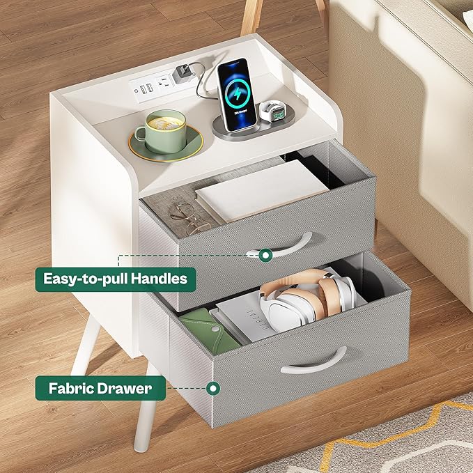 Night Stand with Charger Station, Nightstand with Drawers, Bedside Table, End Table with Solid Wood Feet, White Nightstand, Side Tables for Bedroom - LeafyLoom
