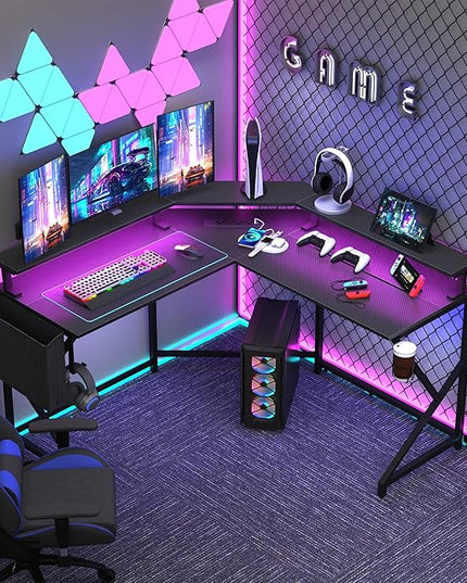 Wonder Comfort L Shaped 51 Inch Computer Desk with LED Lights，Corner Gaming Table Cup Holder Power Outlets/Monitor Stand for Home Office, Black - LeafyLoom