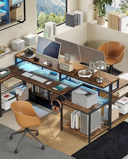 Bestier 71.5 inch Computer Desk with Power Outlets, L Shaped LED Home Office Desk with Long Monitor Stand, Large Corner Desk with Storage Shelf, Cup Holder & Headset Hooks, Modern Simple Table - LeafyLoom